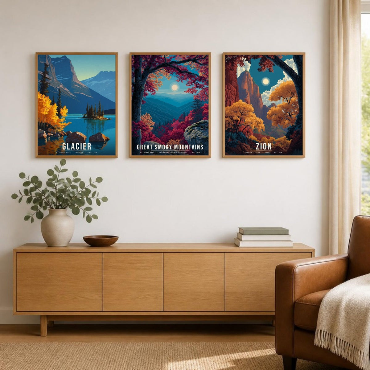 Autumn, Three Ways posters framed in a row above a sideboard (frames not included)