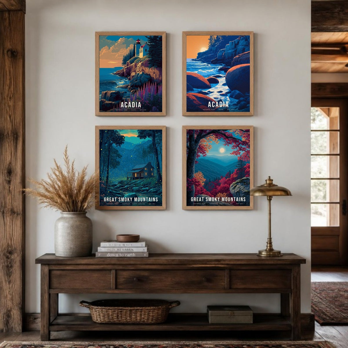 East Coast posters framed in a 2 by 2 grid above a console table (frames not included)