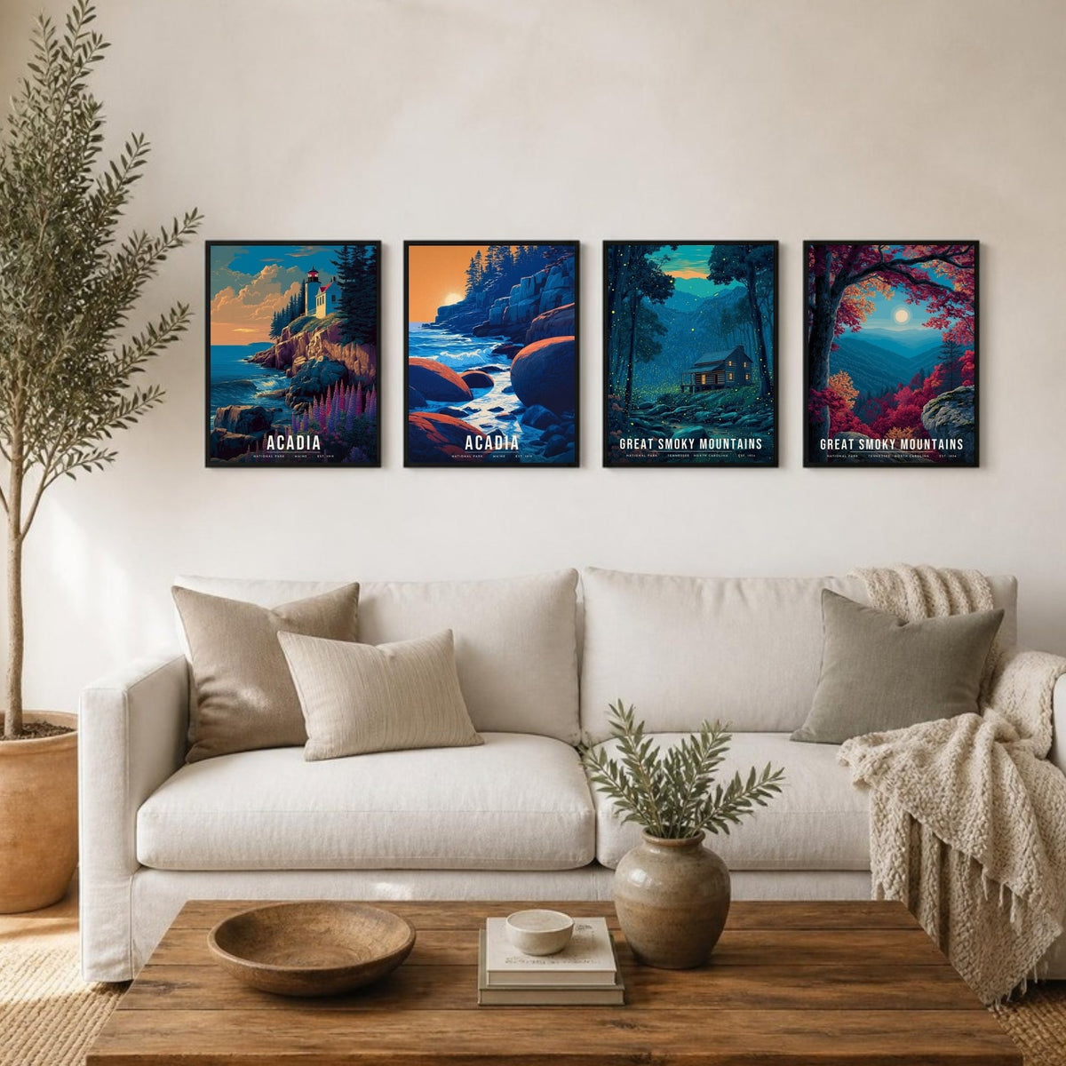 East Coast posters framed in a row above a sofa (frames not included)