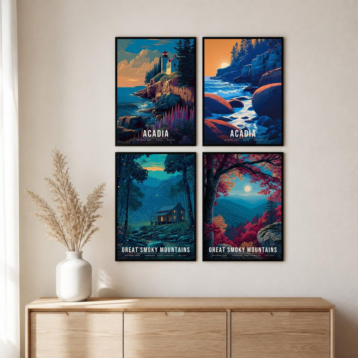 East Coast posters framed in a 2 by 2 grid above a sideboard (frames not included)