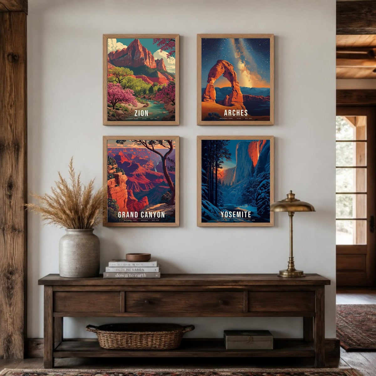Red Rock and Firefall posters framed in a 2 by 2 grid above a console table (frames not included)