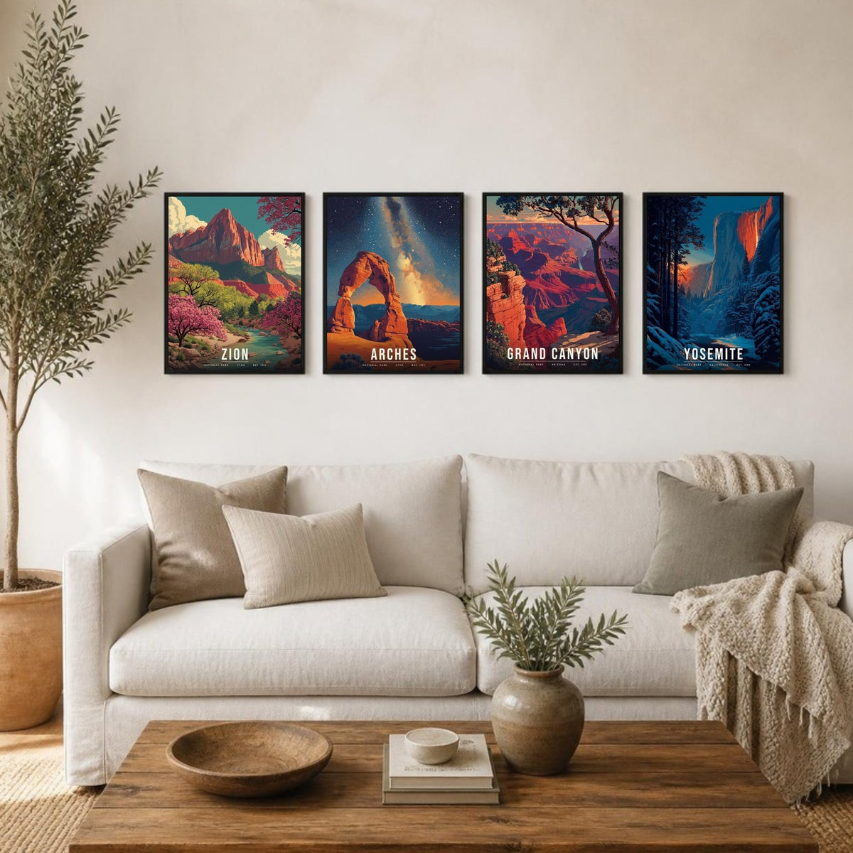 Red Rock and Firefall posters framed in a row above a sofa (frames not included)