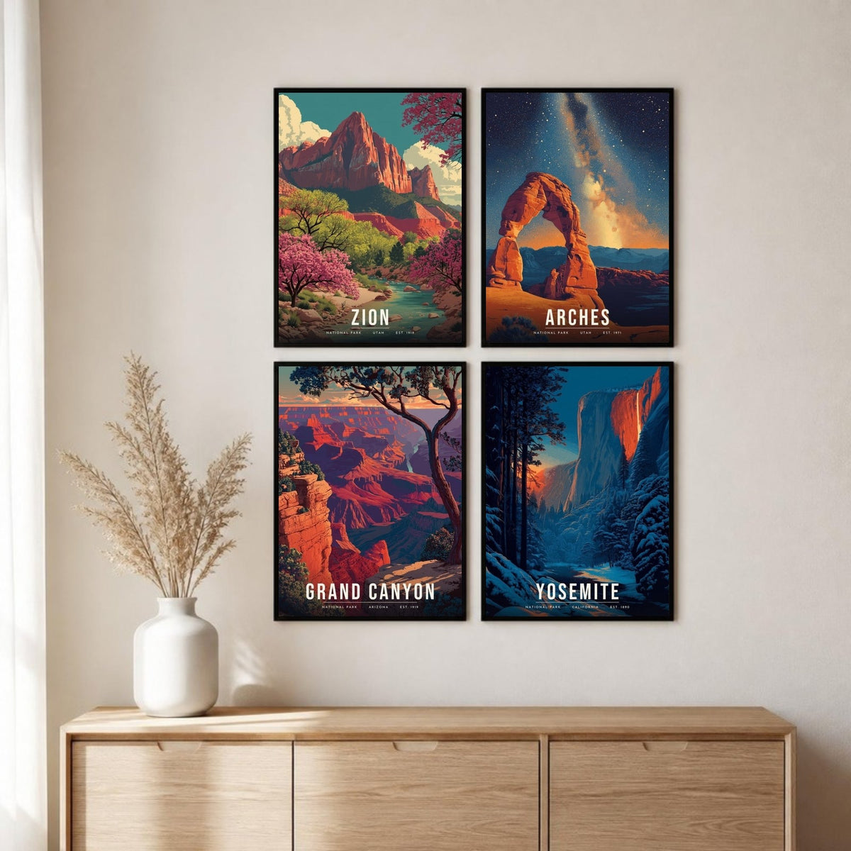 Red Rock and Firefall posters framed in a 2 by 2 grid above a sideboard (frames not included)
