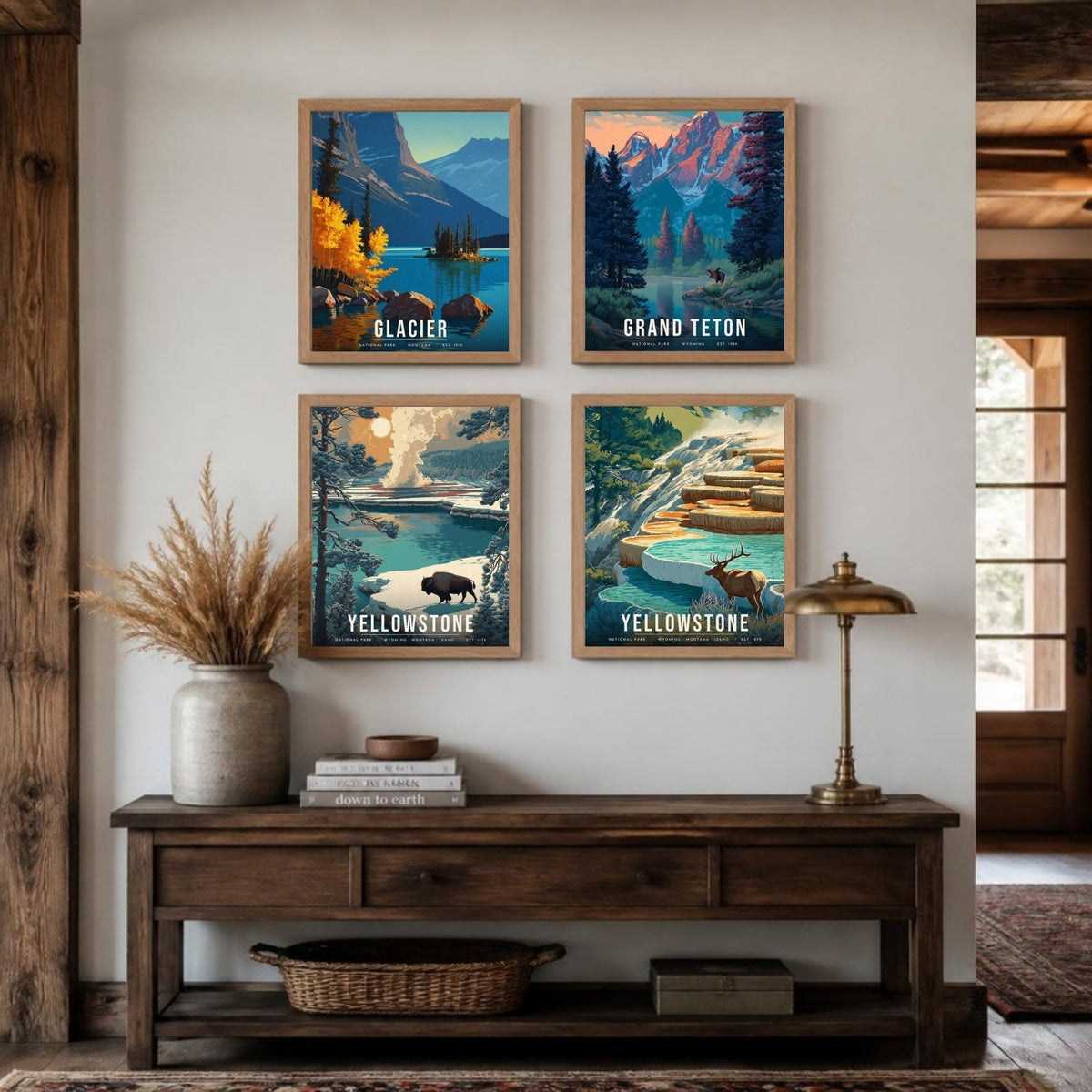 Rocky Mountains posters framed in a 2 by 2 grid above a console table (frames not included)