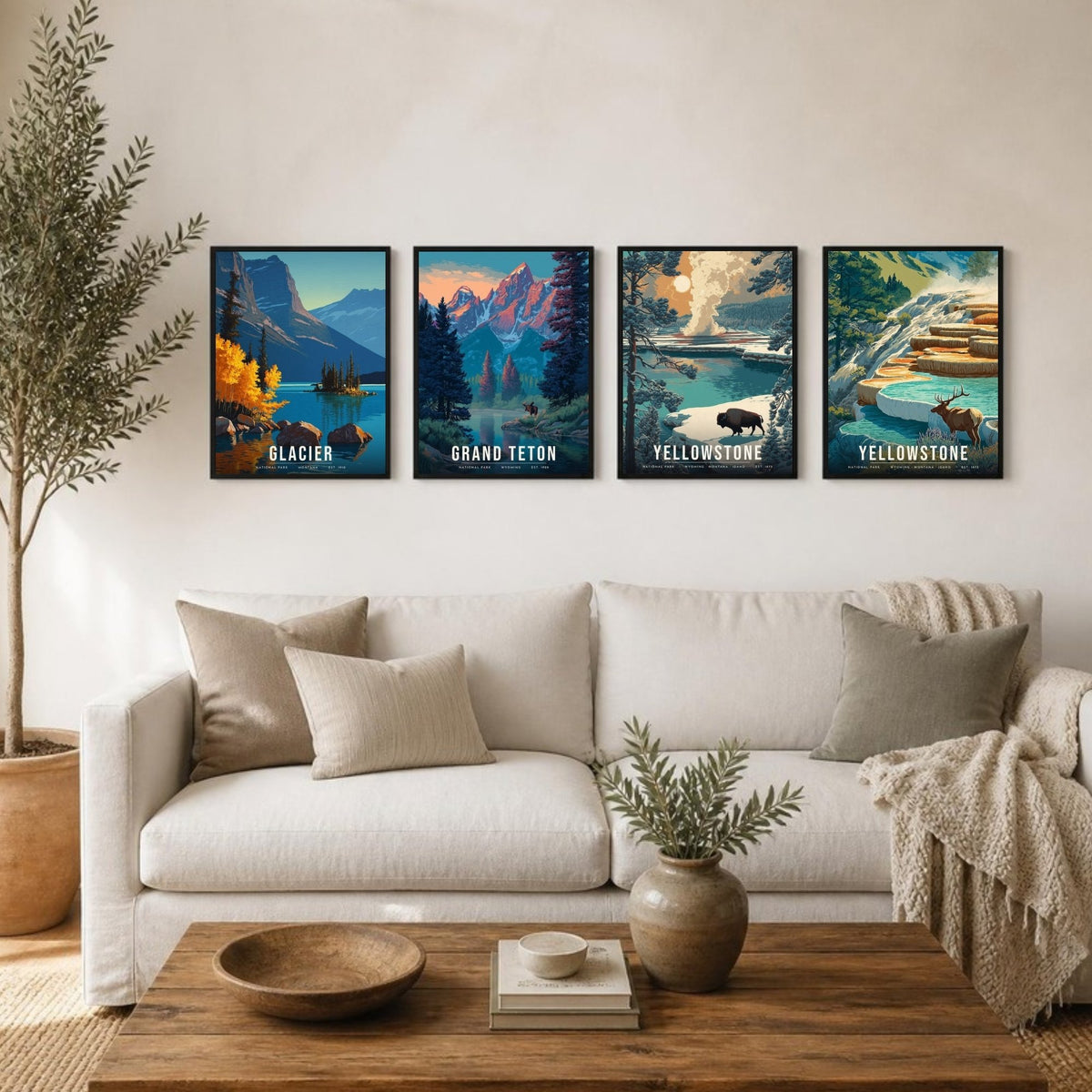 Rocky Mountains posters framed in a row above a sofa (frames not included)