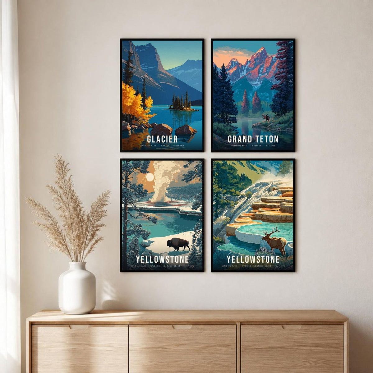 Rocky Mountains posters framed in a 2 by 2 grid above a sideboard (frames not included)