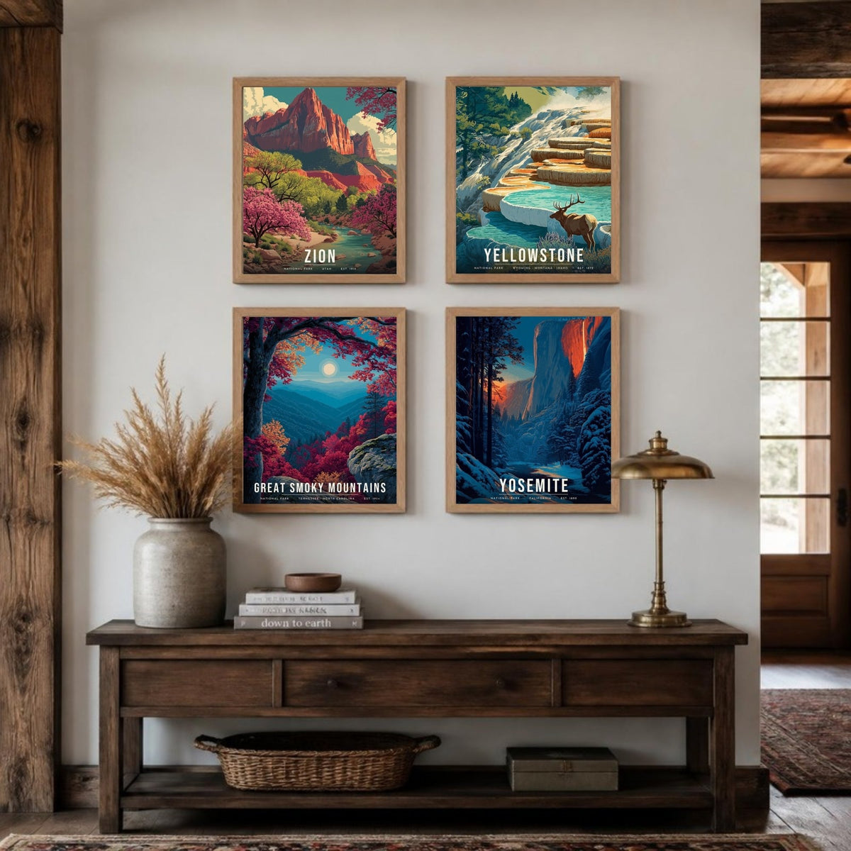Four Seasons posters framed in a 2 by 2 grid above a console table (frames not included)