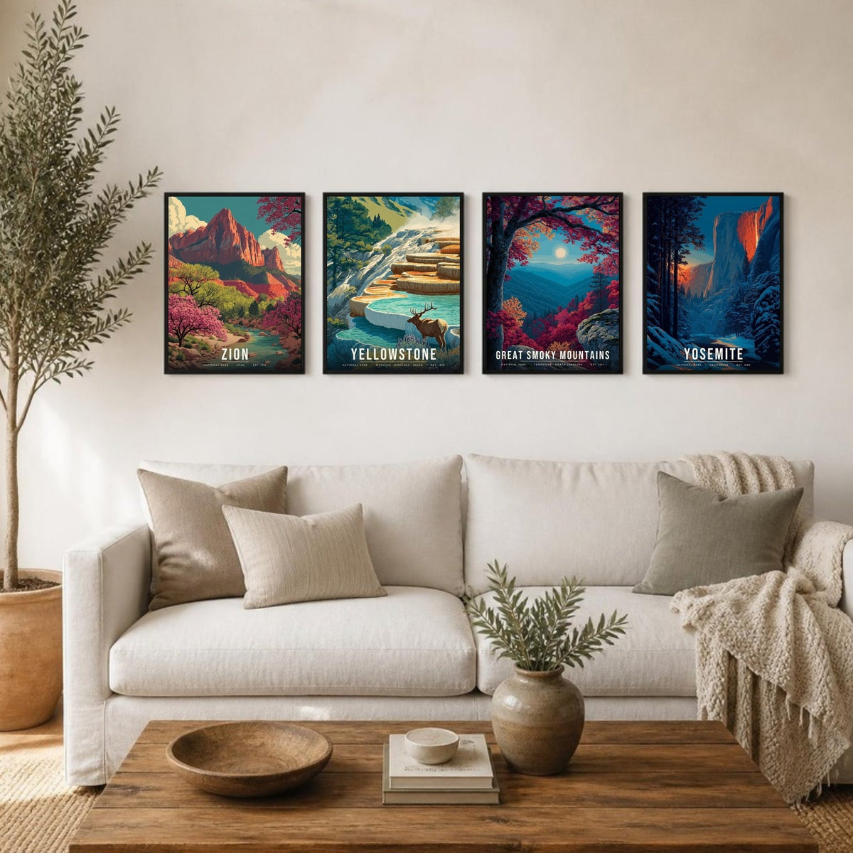 Four Seasons posters framed in a row above a sofa (frames not included)