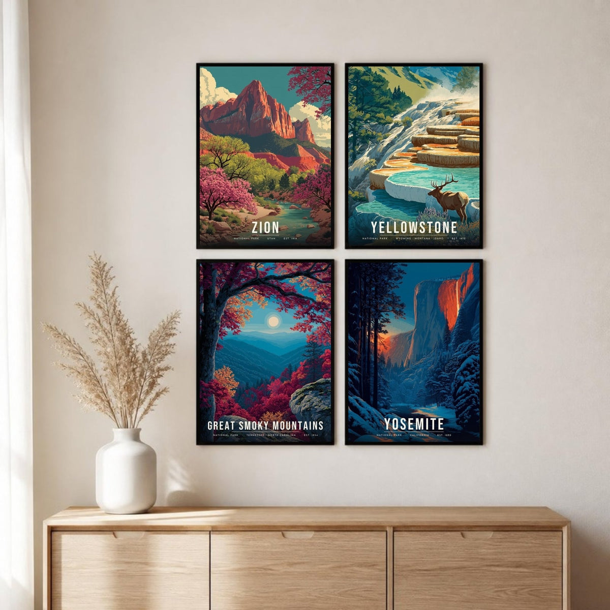 Four Seasons posters framed in a 2 by 2 grid above a sideboard (frames not included)