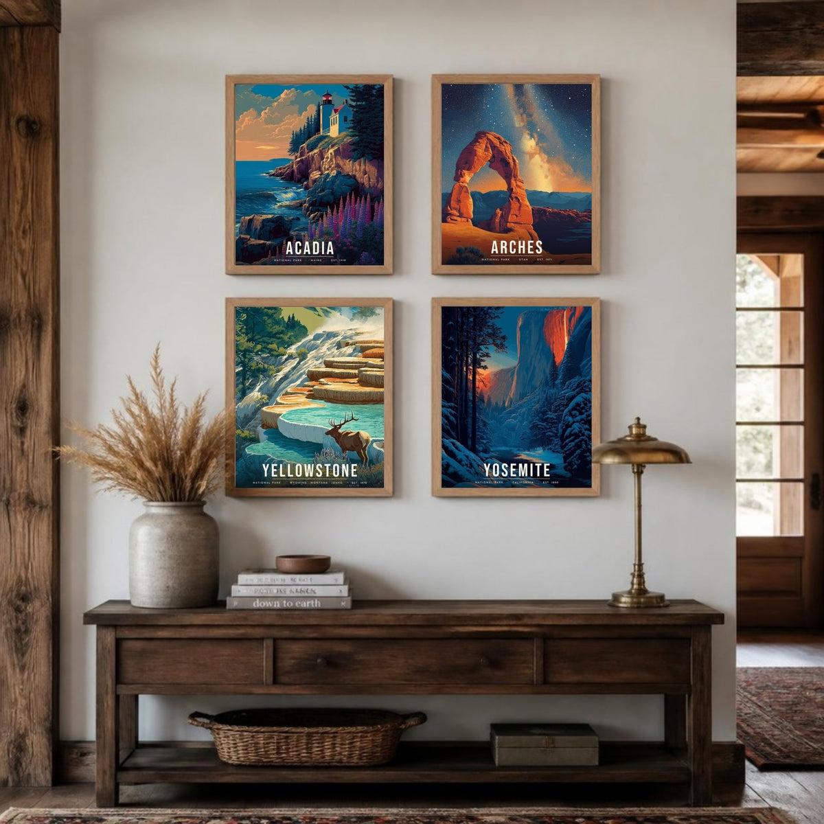 The Signature Four posters framed in a 2 by 2 grid above a console table (frames not included)