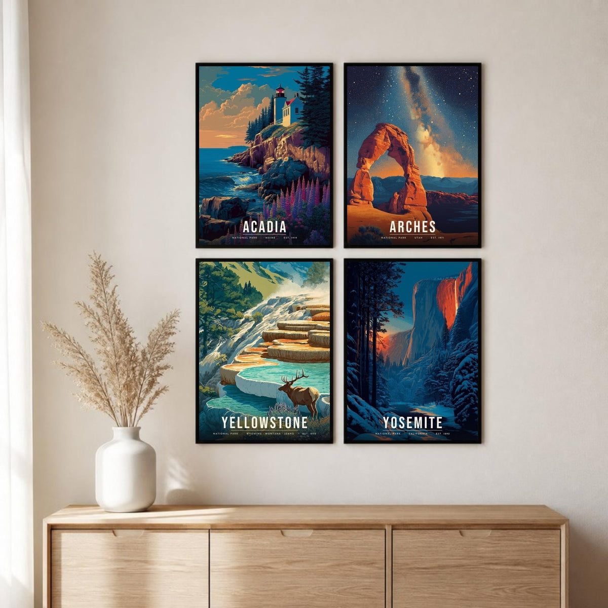 The Signature Four posters framed in a 2 by 2 grid above a sideboard (frames not included)