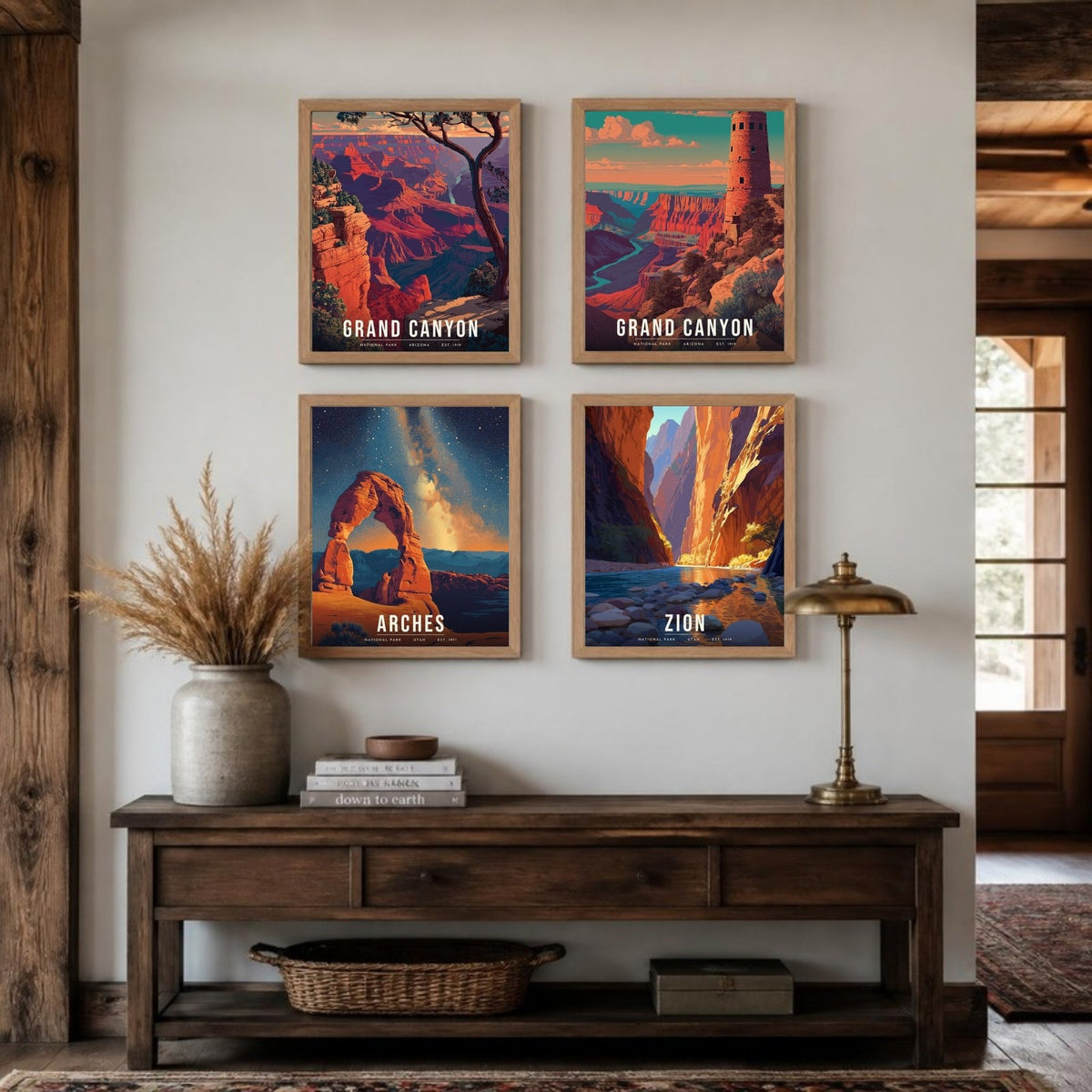 Desert Southwest posters framed in a 2 by 2 grid above a console table (frames not included)