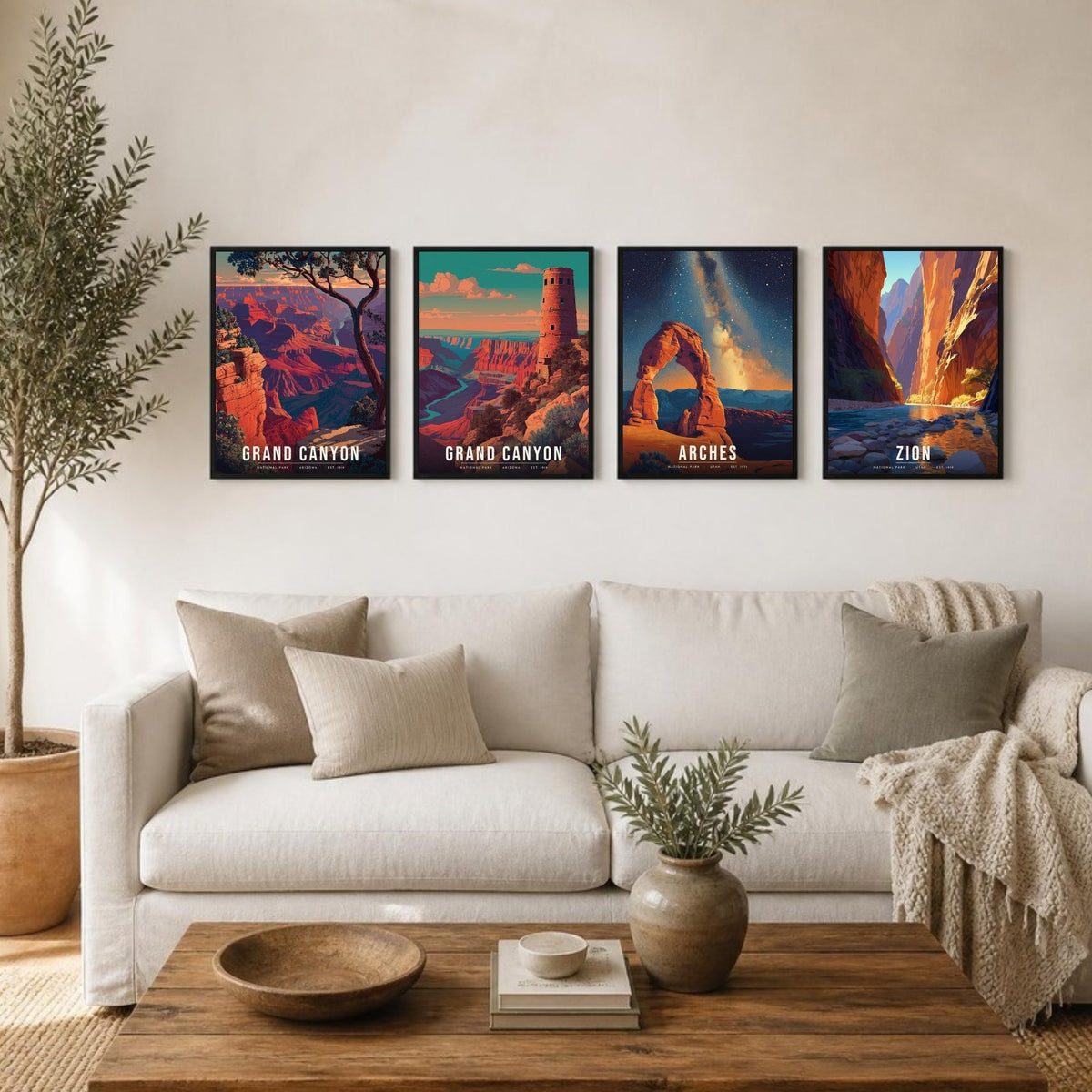 Desert Southwest posters framed in a row above a sofa (frames not included)