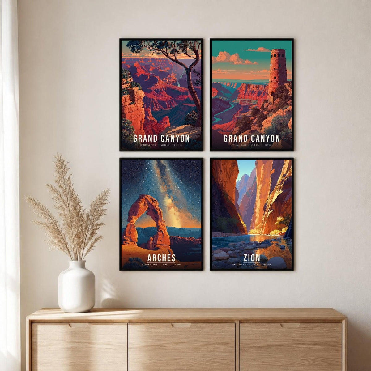 Desert Southwest posters framed in a 2 by 2 grid above a sideboard (frames not included)