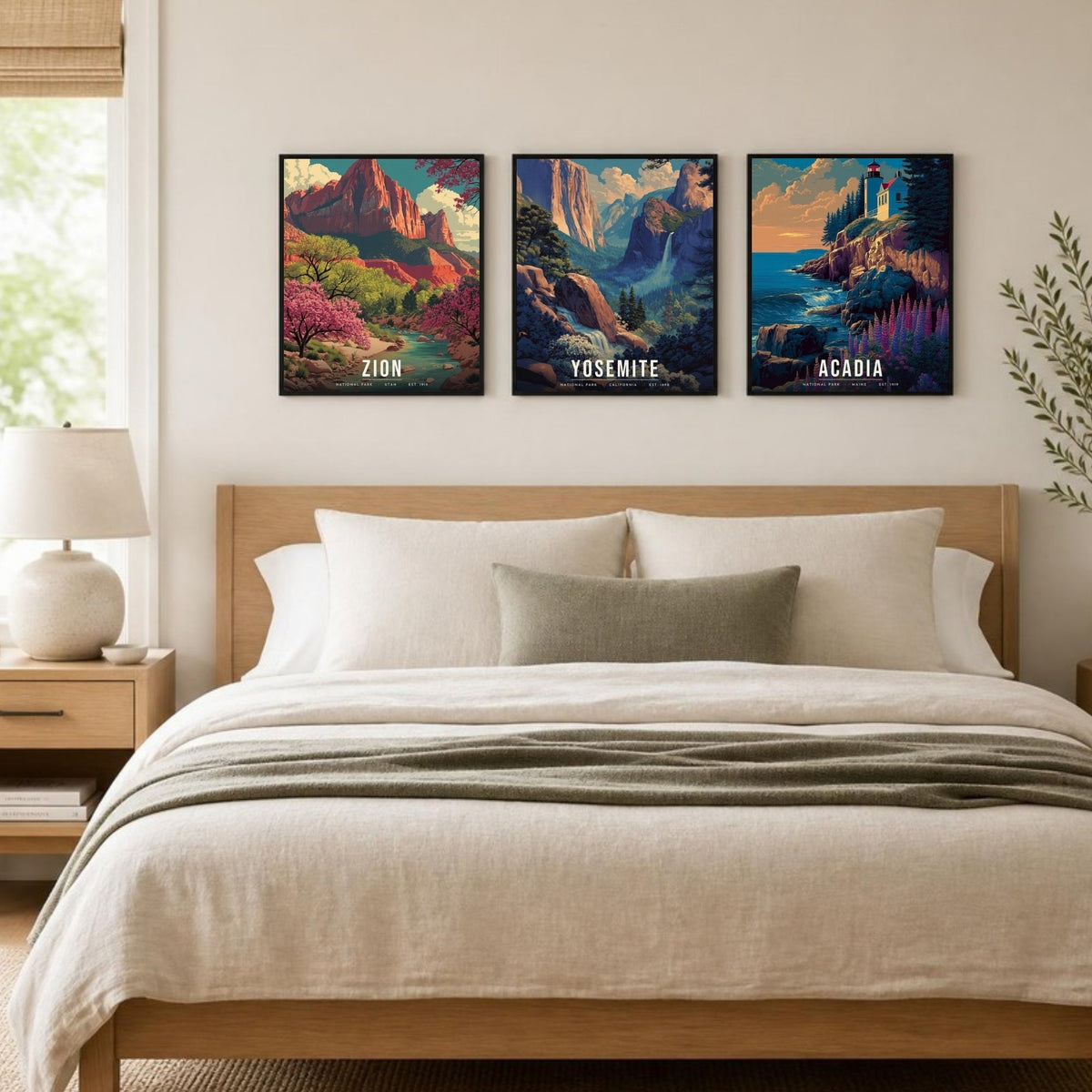 Spring Three posters framed in a row above a bed (frames not included)