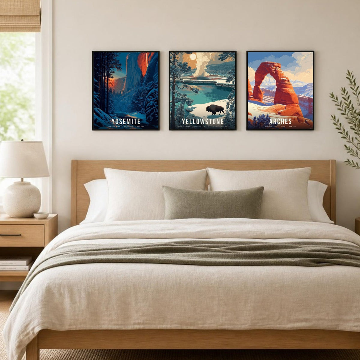 Winter Three posters framed in a row above a bed (frames not included)