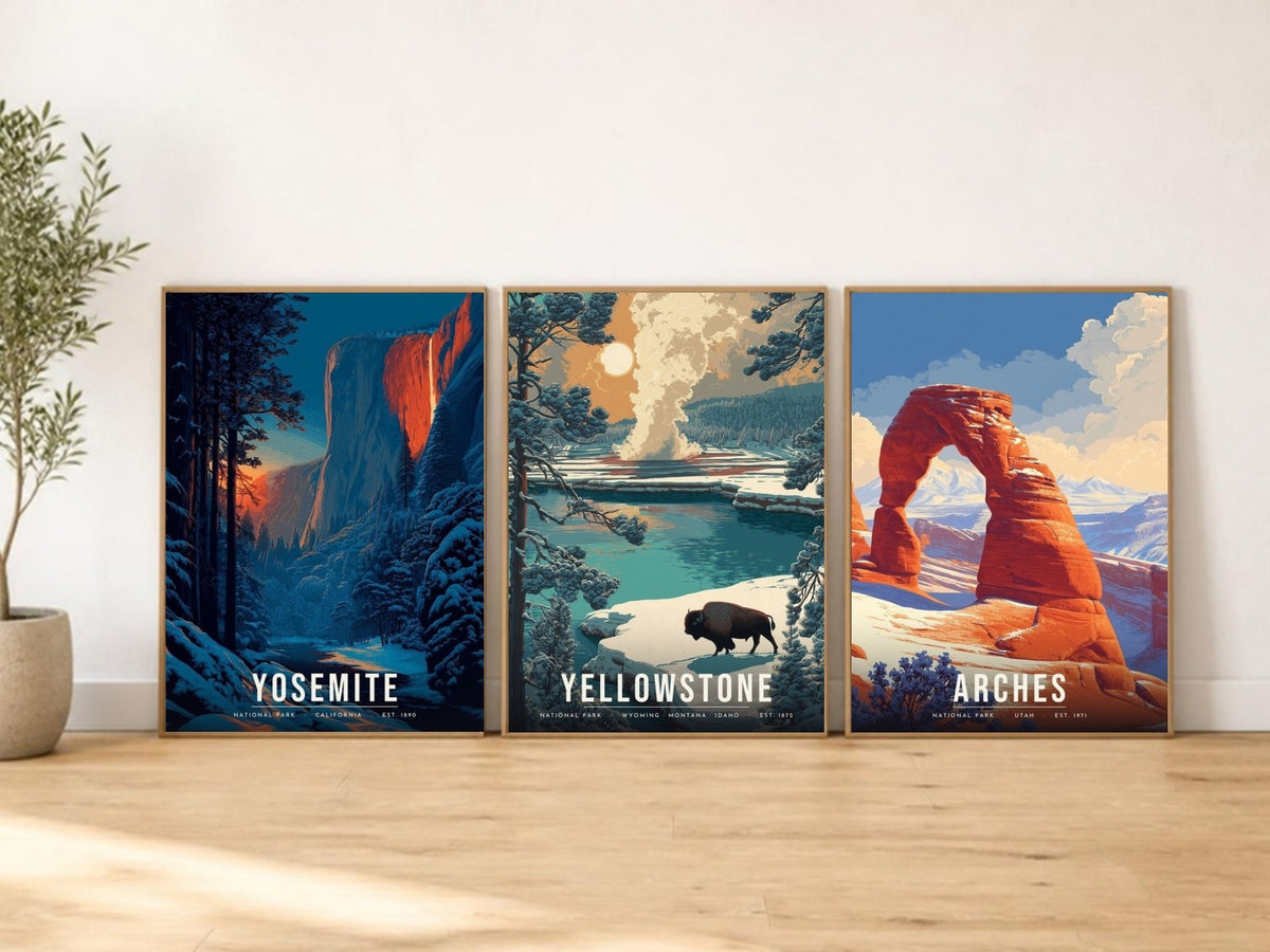 Winter Three posters in frames leaning on a wooden floor (frames not included)