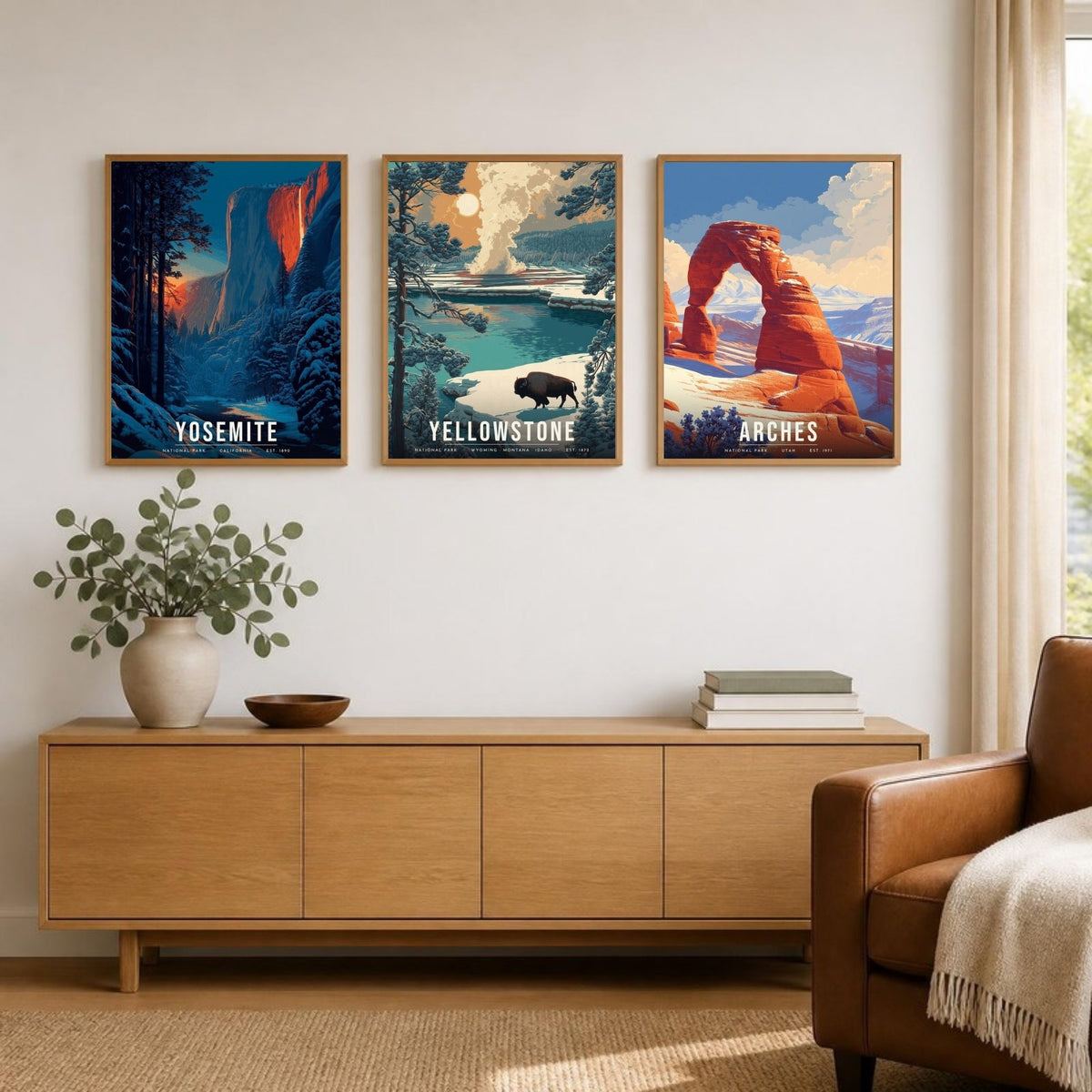 Winter Three posters framed in a row above a sideboard (frames not included)